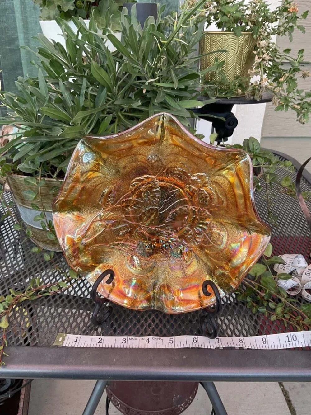 Vintage Fenton Orange Tree Marigold Carnival Ruffeled Bowl Iridescent Gold